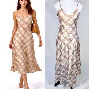 Elie by Elie Tahari Tan Plaid Spaghetti Strap Bias-Cut Midi Slip Dress Sz S🧡